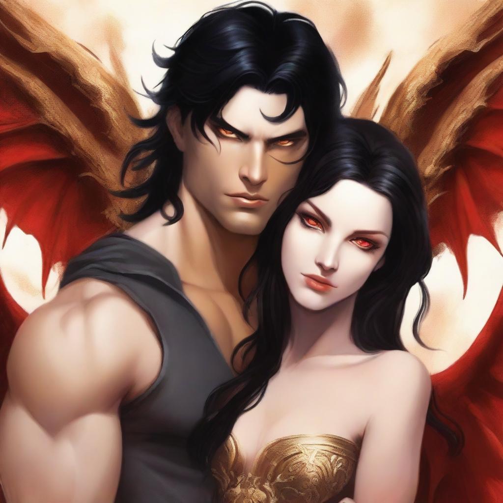 Create a book cover featuring a succubus with porcelain skin, long wavy black hair, and small red horns