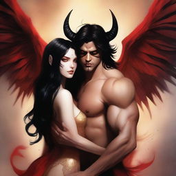 Create a book cover featuring a succubus with porcelain skin, long wavy black hair, and small red horns