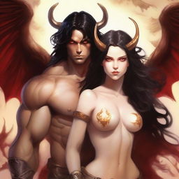 Create a book cover featuring a succubus with porcelain skin, long wavy black hair, and small red horns