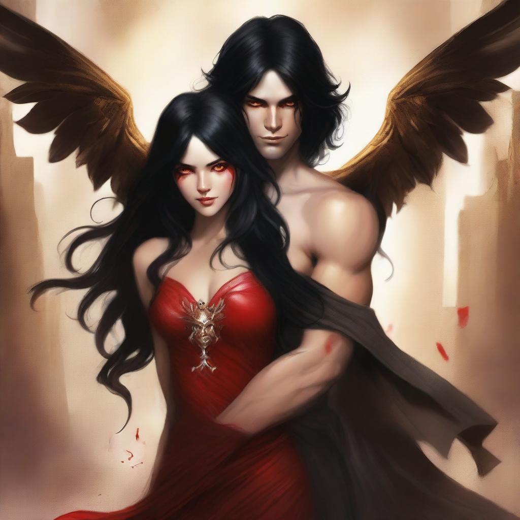 Design a book cover featuring a succubus with porcelain skin, long wavy black hair, and small red horns