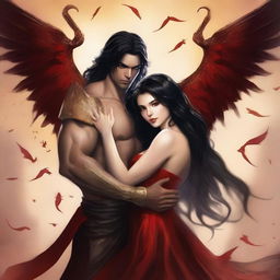 Design a book cover featuring a succubus with porcelain skin, long wavy black hair, and small red horns