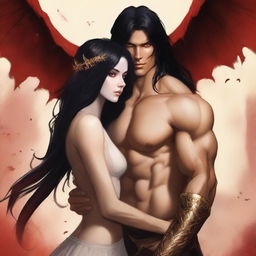 Design a book cover featuring a succubus with porcelain skin, long wavy black hair, and small red horns