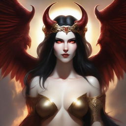 Create a sensual love portrait of a succubus with pale skin, long black hair, and red horns, alongside an archangel with golden tan skin, shoulder-length brown hair, and a captivating smile