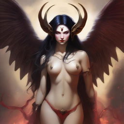 Create a sensual love portrait of a succubus with pale skin, long black hair, and red horns, alongside an archangel with golden tan skin, shoulder-length brown hair, and a captivating smile