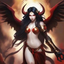 Create a sensual love portrait of a succubus with pale skin, long black hair, and red horns, alongside an archangel with golden tan skin, shoulder-length brown hair, and a captivating smile