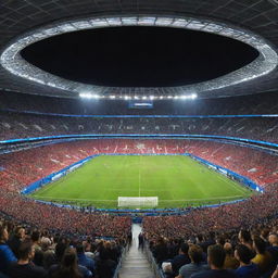 An immersive, panoramic view of a bustling Champions League stadium, packed with excited fans. The field is immaculately maintained, surrounded by towering stands, and the iconic Champions League logo is prominent.