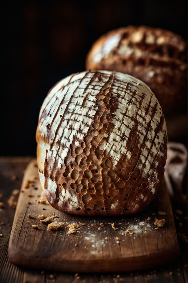 A high-definition image of a freshly baked loaf of bread on a wooden cutting board, with a cozy kitchen environment in the background