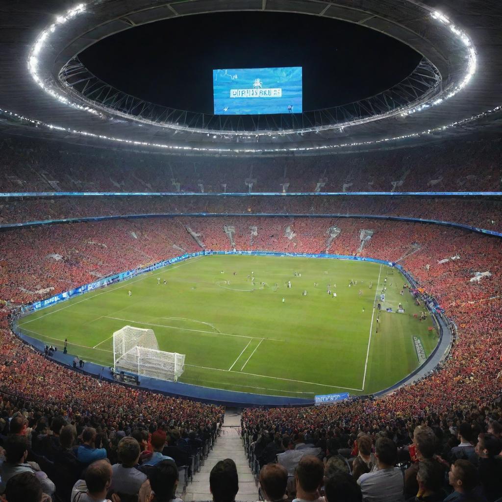 An immersive, panoramic view of a bustling Champions League stadium, packed with excited fans. The field is immaculately maintained, surrounded by towering stands, and the iconic Champions League logo is prominent.