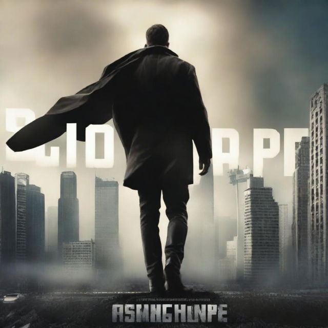 Generate a movie poster featuring a dramatic scene of a hero standing against a dystopian city backdrop, with the title 'Rising Hope' in bold letters at the bottom