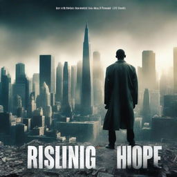 Generate a movie poster featuring a dramatic scene of a hero standing against a dystopian city backdrop, with the title 'Rising Hope' in bold letters at the bottom