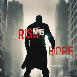 Generate a movie poster featuring a dramatic scene of a hero standing against a dystopian city backdrop, with the title 'Rising Hope' in bold letters at the bottom