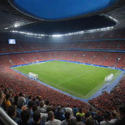 An immersive, panoramic view of a bustling Champions League stadium, packed with excited fans. The field is immaculately maintained, surrounded by towering stands, and the iconic Champions League logo is prominent.