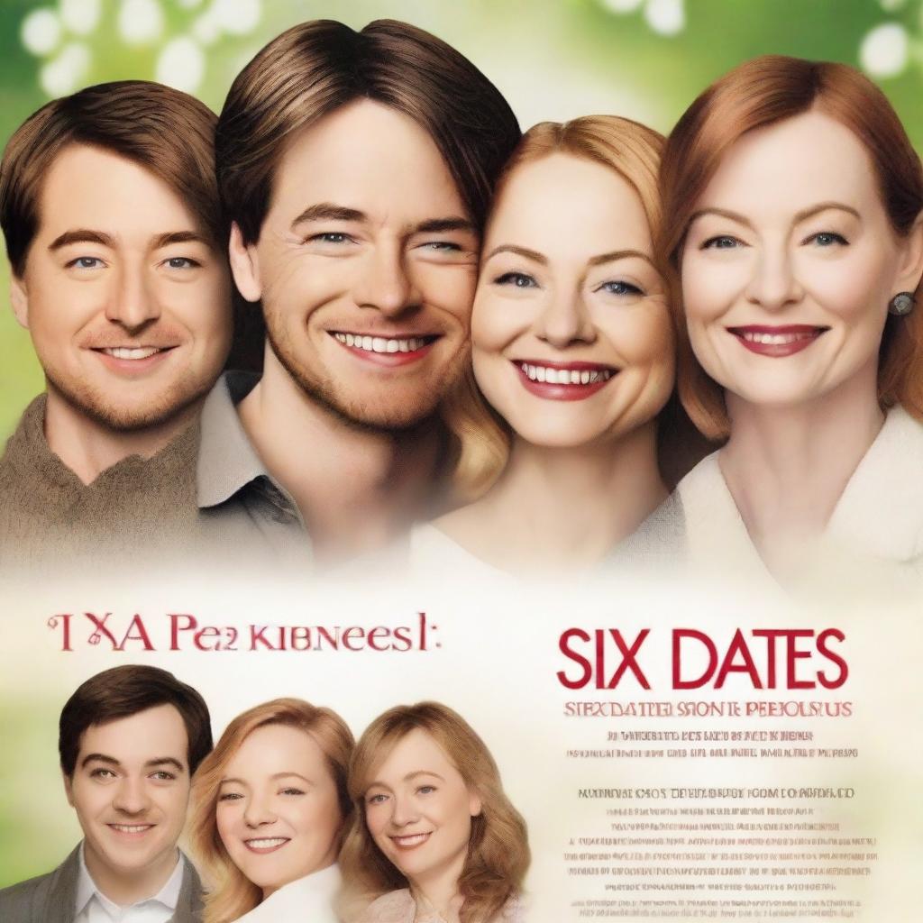 Create a movie poster titled 'SIX DATES' with the tagline 'Finding love when time is precious'