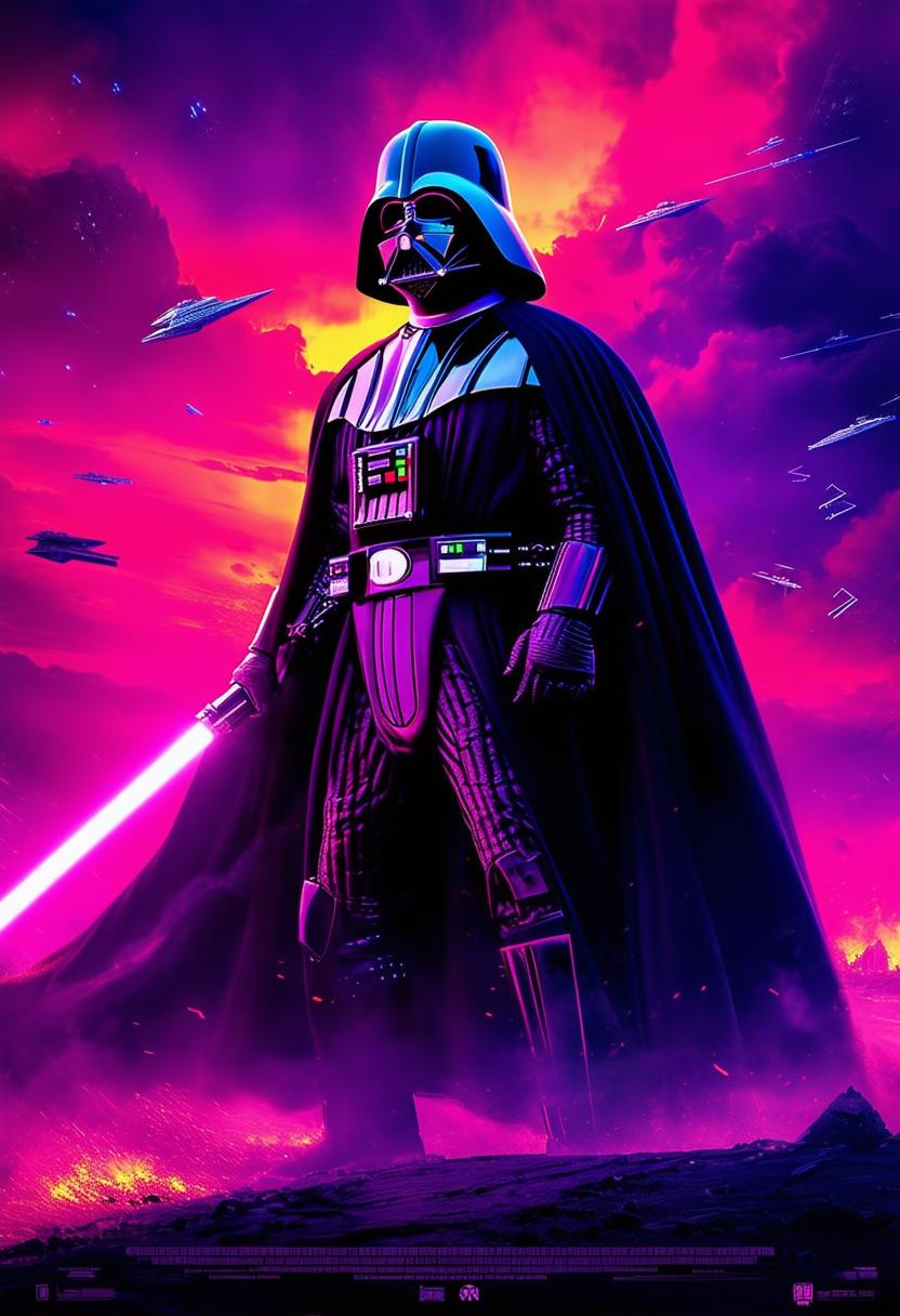 This is a request for a distinct high-definition, epic poster of Darth Vader in an imposing pose on a battlefield, with a dramatic backdrop and vibrant color scheme that encapsulates the intensity and grandeur of the Star Wars universe