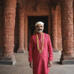 A Malayali man dressed in traditional attire, visiting a beautifully ornate Indian temple, with intricate carvings and vivid colours