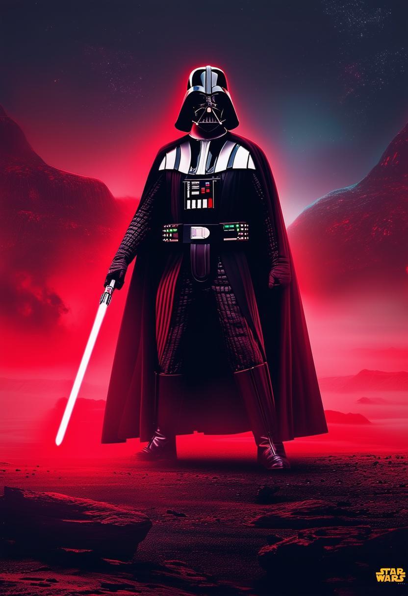 This request is for a new high-definition, epic poster of Darth Vader, showcasing him in a defensive stance with his lightsaber, set against an iconic Star Wars location