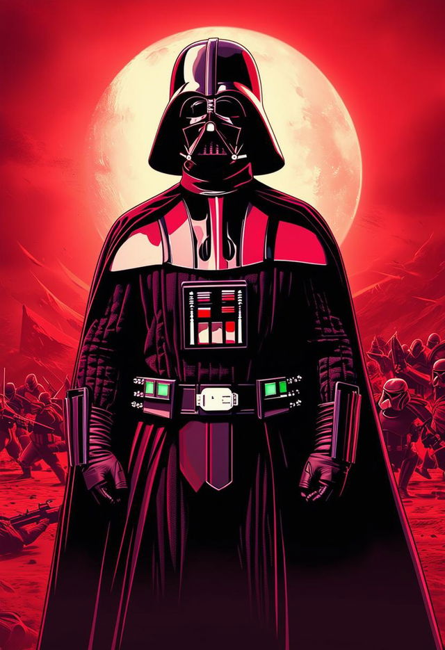 This request is for an alternate high-definition, epic poster of Darth Vader, shown in a commanding pose on a battlefield, emphasizing his power and the epic scale of the Star Wars saga