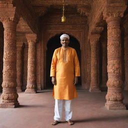 A Malayali man dressed in traditional attire, visiting a beautifully ornate Indian temple, with intricate carvings and vivid colours