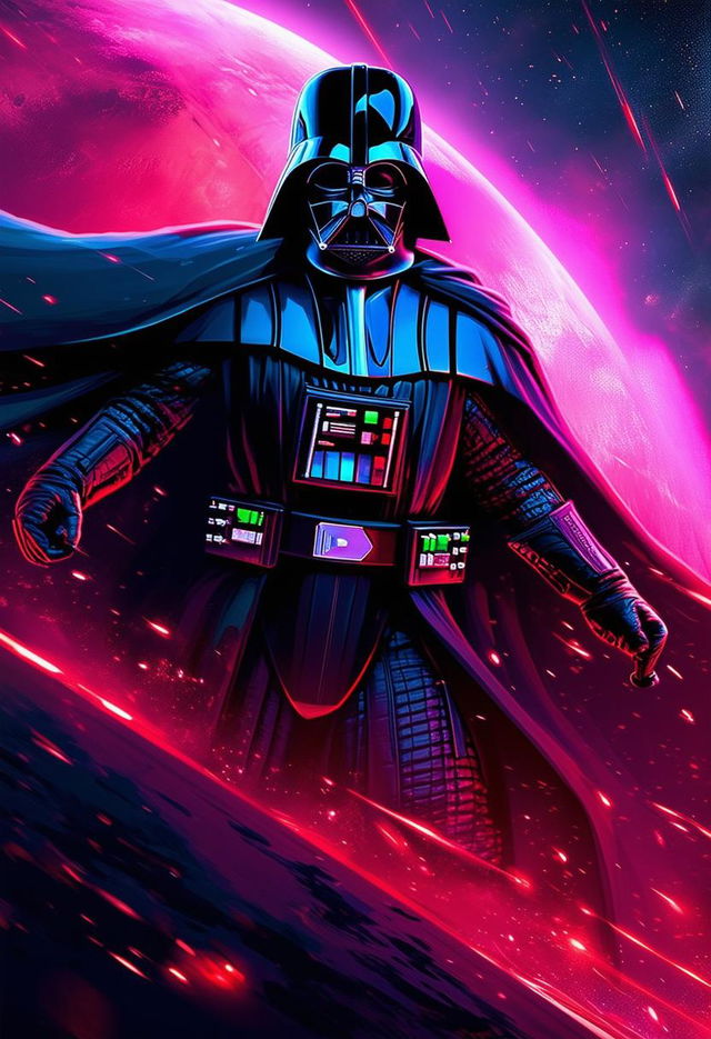 This request is for a distinctive high-definition, epic poster of Darth Vader, depicted in intense combat amidst a space battle