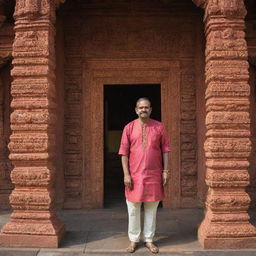 A Malayali man dressed in traditional attire, visiting a beautifully ornate Indian temple, with intricate carvings and vivid colours