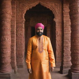 A Malayali man dressed in traditional attire, visiting a beautifully ornate Indian temple, with intricate carvings and vivid colours