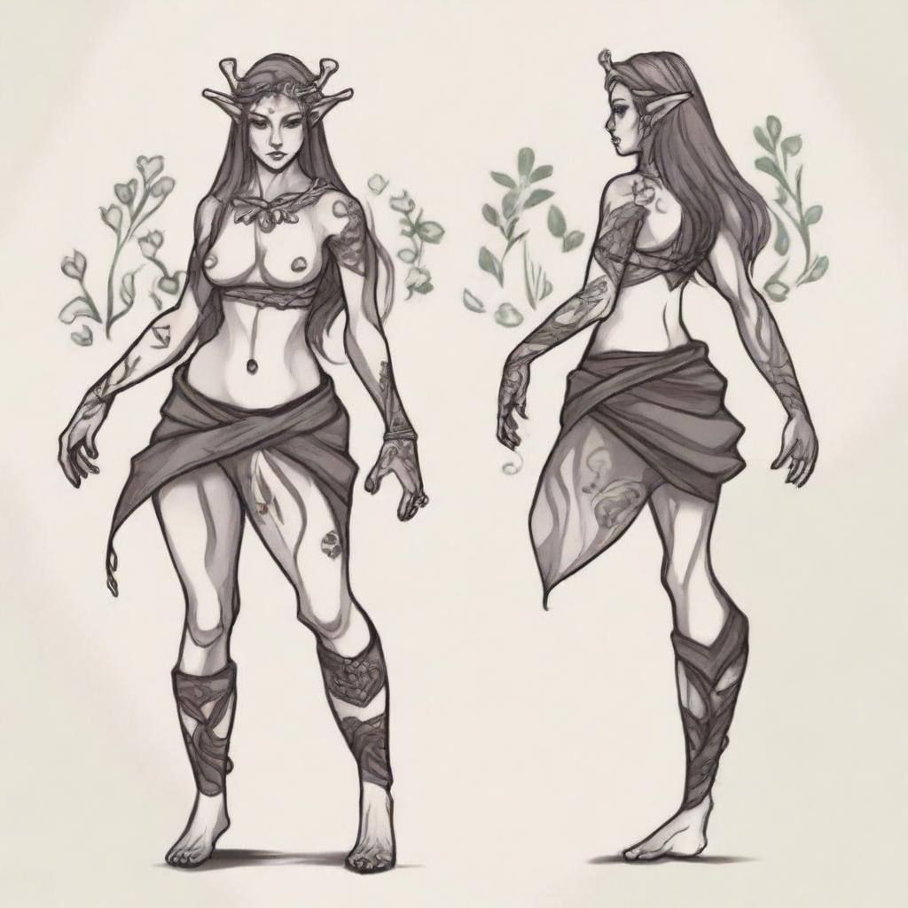 Generate an image of a female Firbolg character, designed in a style that would be suitable for a tattoo