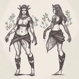 Generate an image of a female Firbolg character, designed in a style that would be suitable for a tattoo