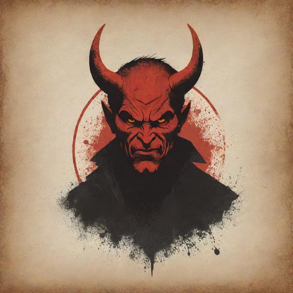 A distressed vector design featuring a devil-themed figure embodying indifference, marked by vigorous, rough lines and distressed textures to emphasize an edge.