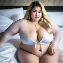 An image of a beautiful, plus-size Indonesian woman with voluptuous body, long, big thighs and legs