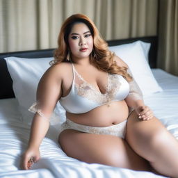 An image of a beautiful, plus-size Indonesian woman with voluptuous body, long, big thighs and legs