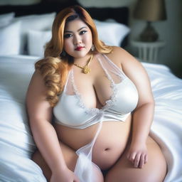 An image of a beautiful, plus-size Indonesian woman with voluptuous body, long, big thighs and legs