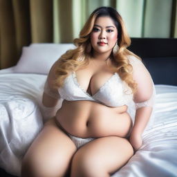 An image of a beautiful, plus-size Indonesian woman with voluptuous body, long, big thighs and legs