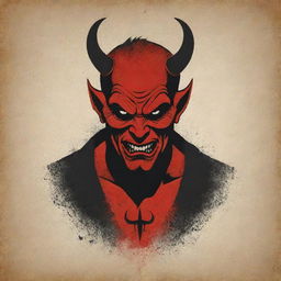 A distressed vector design featuring a devil-themed figure embodying indifference, marked by vigorous, rough lines and distressed textures to emphasize an edge.