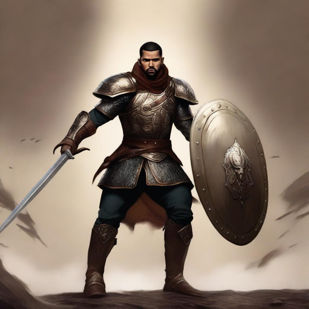 Generate an image of the artist Drake, depicted as a warrior going out on his shield