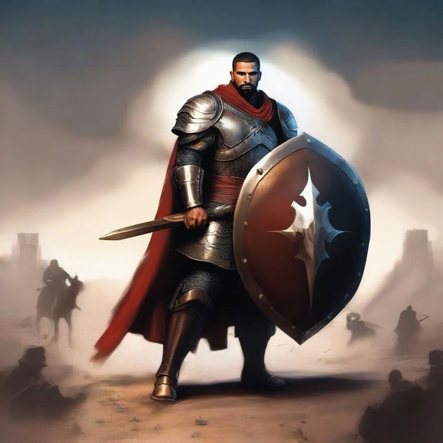 Generate an image of the artist Drake, depicted as a warrior going out on his shield