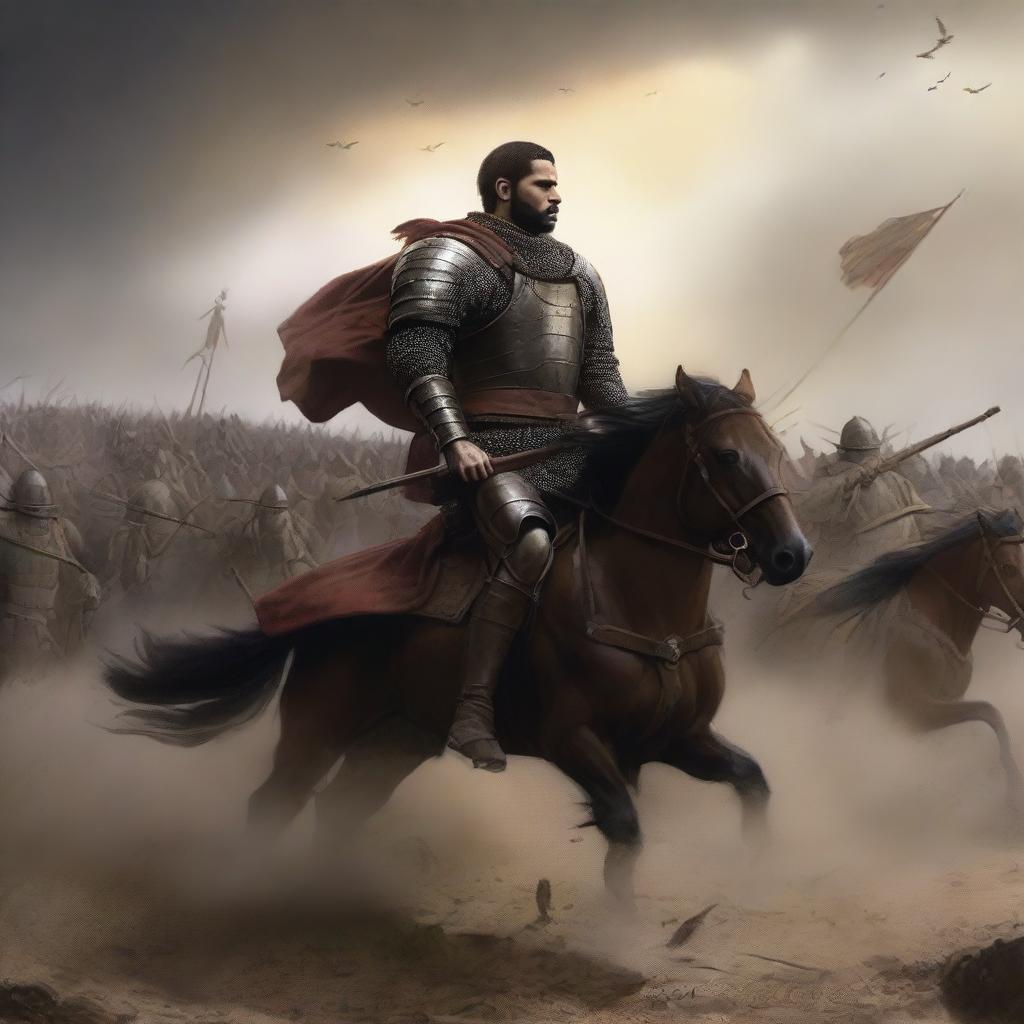 Generate an image of the artist Drake, depicted as a fallen warrior being carried away from the battlefield on his shield by his comrades