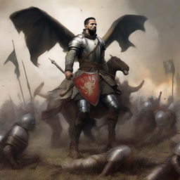 Generate an image of the artist Drake, depicted as a fallen warrior being carried away from the battlefield on his shield by his comrades