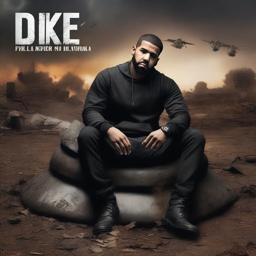 An epic scene depicting the famous rapper Drake, fallen and lifeless, lying on his own shield