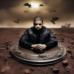 An epic scene depicting the famous rapper Drake, fallen and lifeless, lying on his own shield