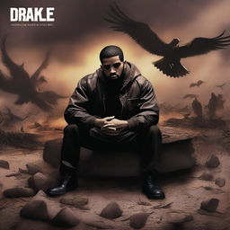 An epic scene depicting the famous rapper Drake, fallen and lifeless, lying on his own shield