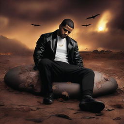 An epic scene depicting the famous rapper Drake, fallen and lifeless, lying on his own shield