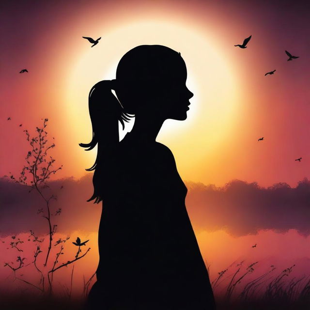 Create an image for a book cover featuring a young girl in silhouette