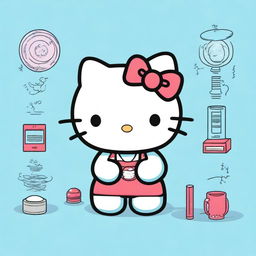 Generate an image of Hello Kitty engaging in physics-related activities on a light blue background.