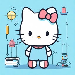 Generate an image of Hello Kitty engaging in physics-related activities on a light blue background.