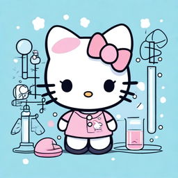 Generate an image of Hello Kitty engaging in physics-related activities on a light blue background.