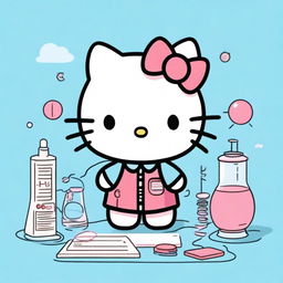 Generate an image of Hello Kitty engaging in physics-related activities on a light blue background.