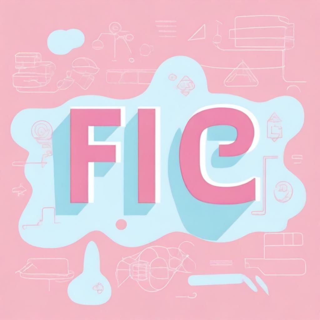 Generate an image with the word 'Física' written in pretty pink letters against a light blue background, decorated with drawings related to physics