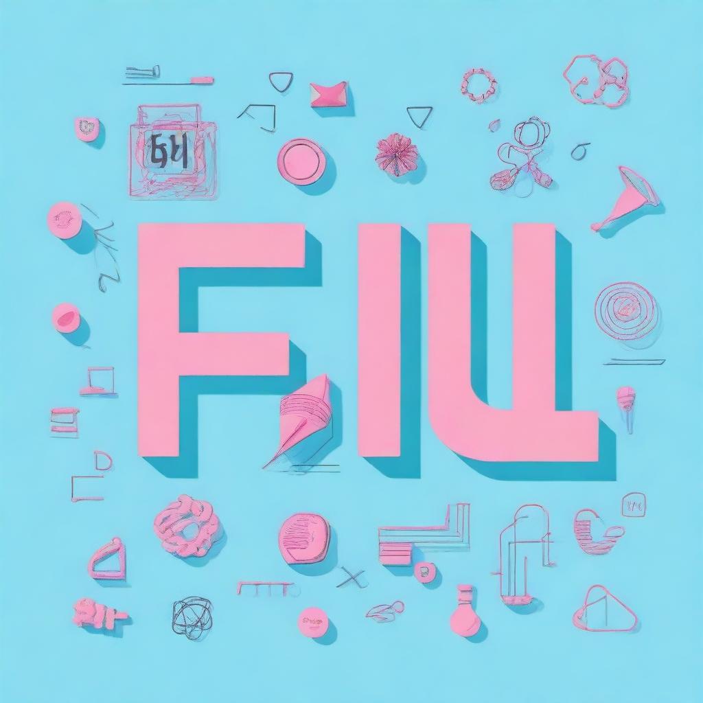 Generate an image with the word 'Física' written in pretty pink letters against a light blue background, decorated with drawings related to physics