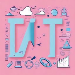 Create an image with the word 'Física' in beautiful pink letters, set against a sky blue background, adorned with drawings related to physics