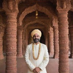 A Malayali man dressed in traditional attire, visiting a beautifully ornate Indian temple adorned with intricate carvings and vibrant colors